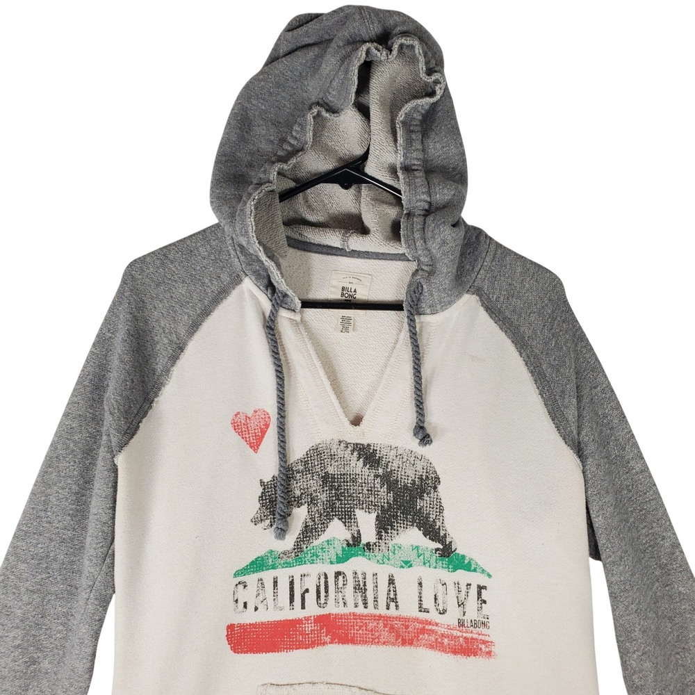 Billabong California Love Hoodie Womens XL Cream Grey Raglan Bear Graphic